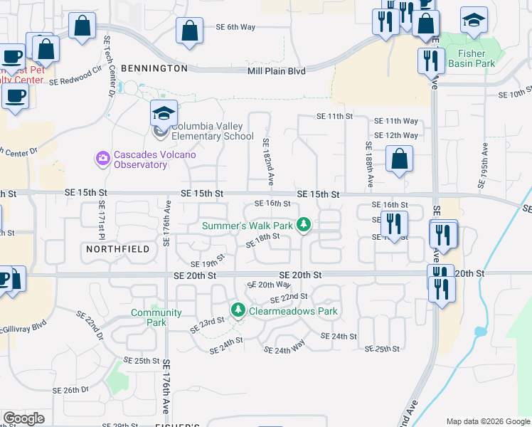 map of restaurants, bars, coffee shops, grocery stores, and more near 18120 Southeast 17th Street in Vancouver