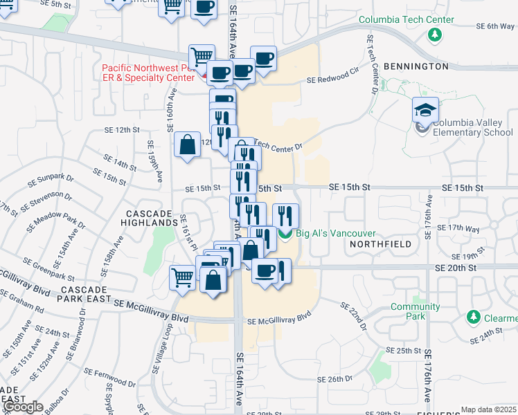 map of restaurants, bars, coffee shops, grocery stores, and more near 16415 Southeast 15th Street in Vancouver