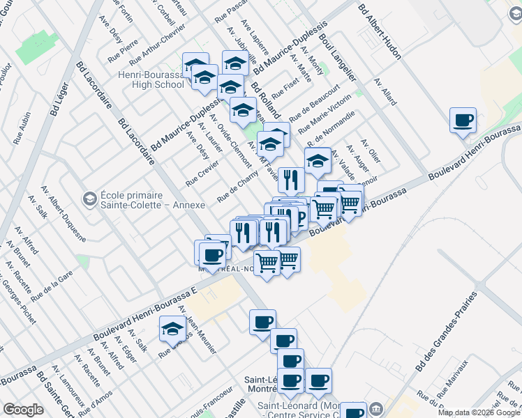 map of restaurants, bars, coffee shops, grocery stores, and more near 11498 Avenue Laurier in Montréal