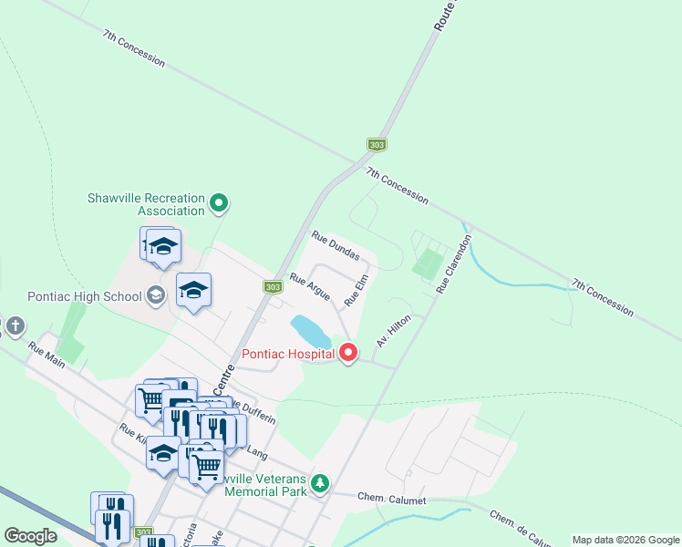 map of restaurants, bars, coffee shops, grocery stores, and more near Rue Oak in Shawville