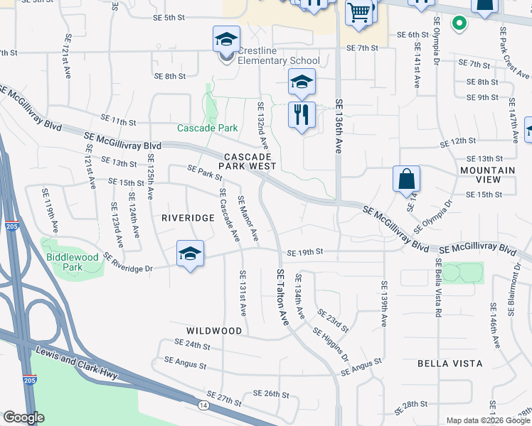 map of restaurants, bars, coffee shops, grocery stores, and more near 1614 Southeast Talton Avenue in Vancouver