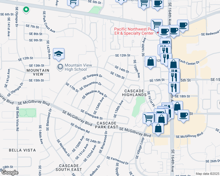 map of restaurants, bars, coffee shops, grocery stores, and more near 1614 Southeast 156th Avenue in Vancouver