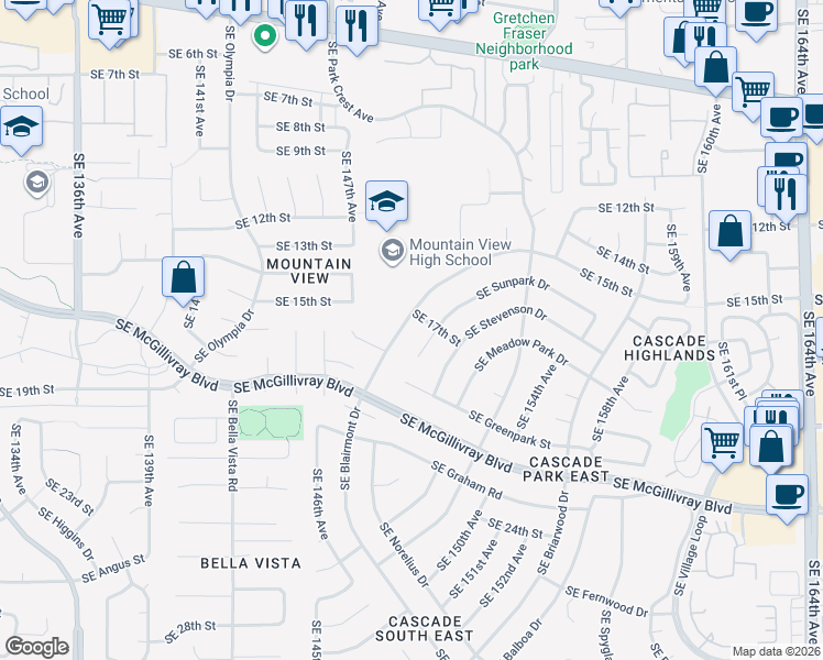map of restaurants, bars, coffee shops, grocery stores, and more near 1717 Southeast Blairmont Drive in Vancouver