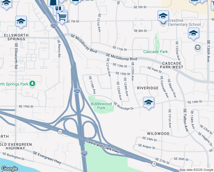 map of restaurants, bars, coffee shops, grocery stores, and more near 12033 Southeast 17th Street in Vancouver