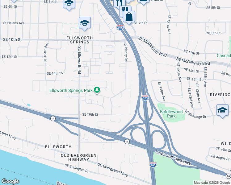 map of restaurants, bars, coffee shops, grocery stores, and more near 11307 Southeast Nancy Road in Vancouver
