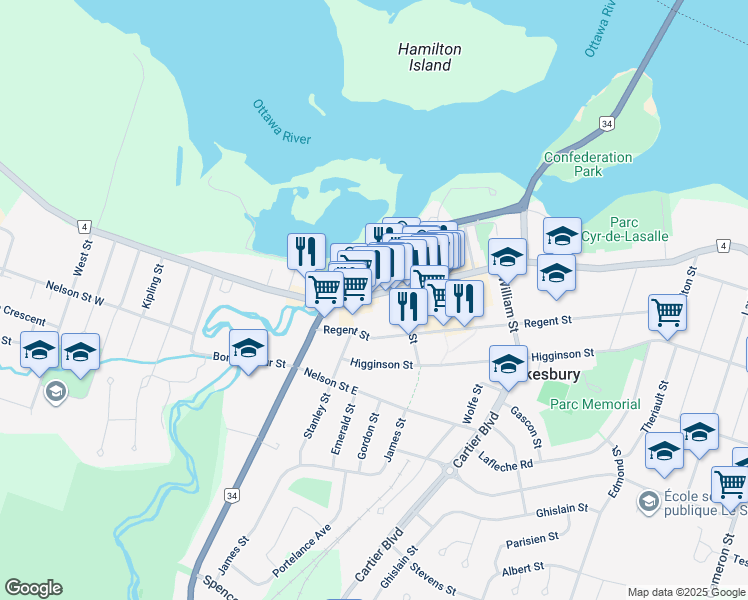 map of restaurants, bars, coffee shops, grocery stores, and more near 88 Main Street East in Hawkesbury