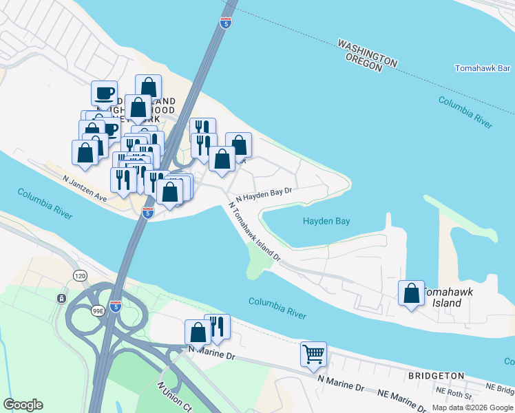 map of restaurants, bars, coffee shops, grocery stores, and more near 620 North Hayden Bay Drive in Portland
