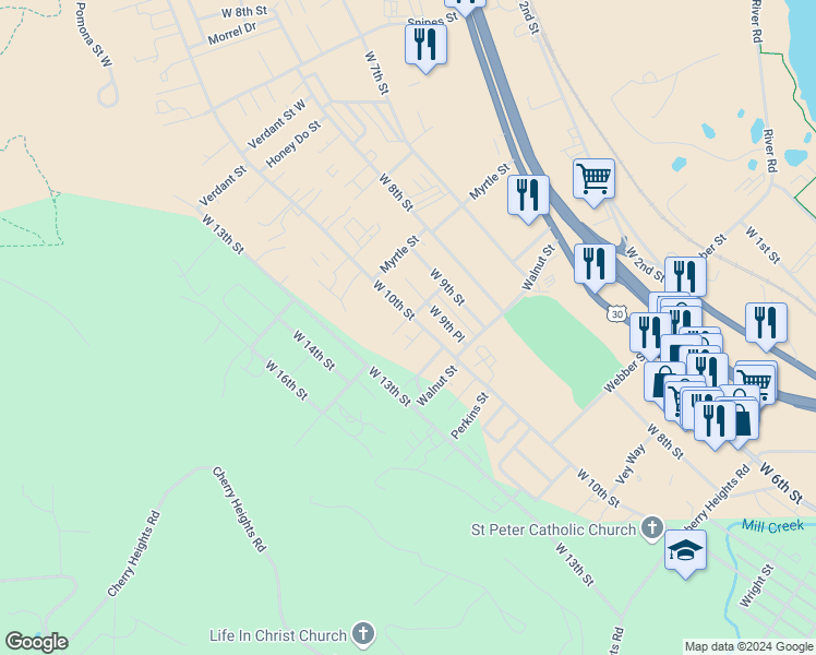 map of restaurants, bars, coffee shops, grocery stores, and more near 1201 Eric Court in The Dalles