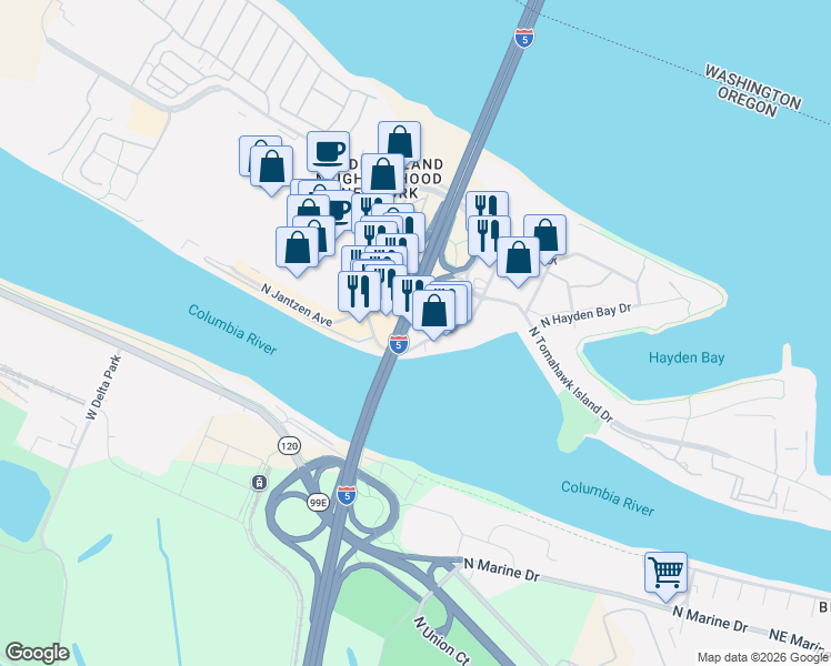 map of restaurants, bars, coffee shops, grocery stores, and more near 11875 North Jantzen Drive in Portland