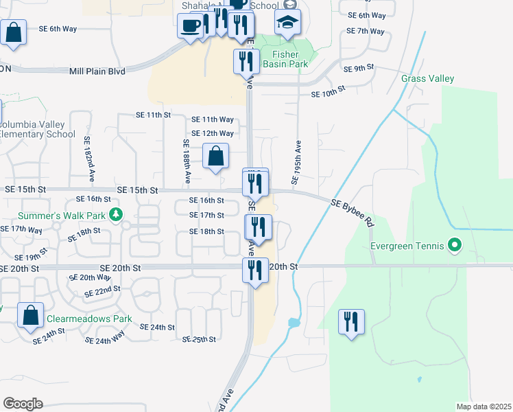 map of restaurants, bars, coffee shops, grocery stores, and more near 1805 Southeast 192nd Avenue in Camas