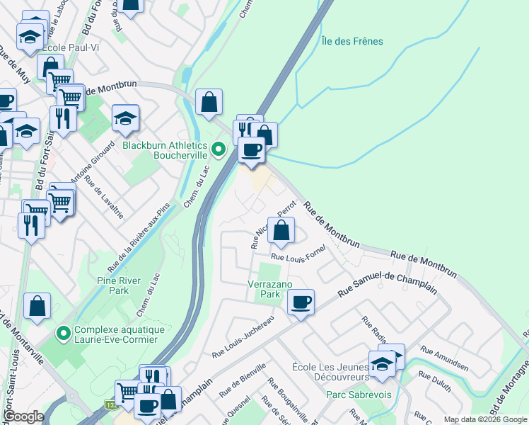 map of restaurants, bars, coffee shops, grocery stores, and more near 720 Rue des Ateliers in Boucherville