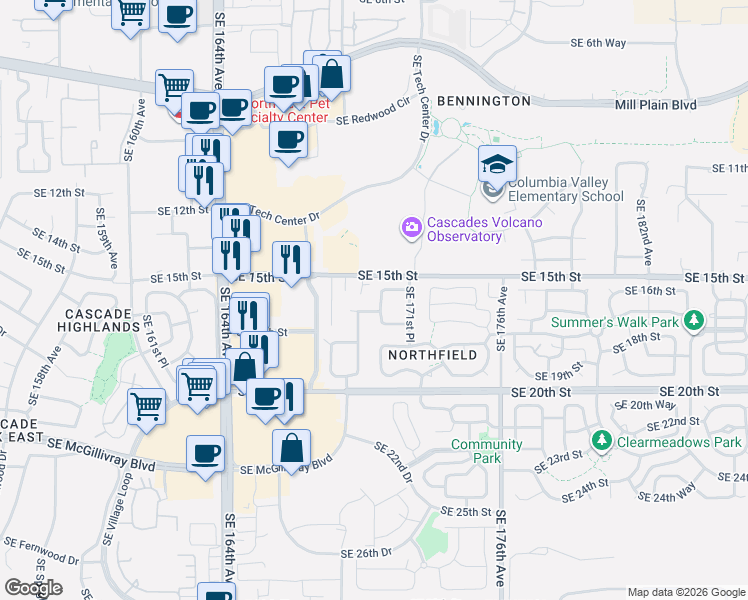 map of restaurants, bars, coffee shops, grocery stores, and more near 1606 Southeast 170th Avenue in Vancouver