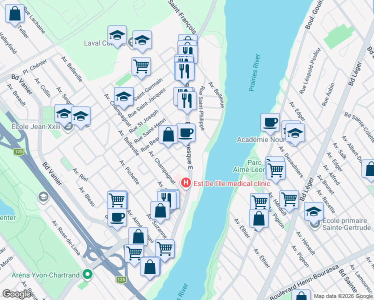 map of restaurants, bars, coffee shops, grocery stores, and more near 4939 Boulevard Lévesque Est in Laval