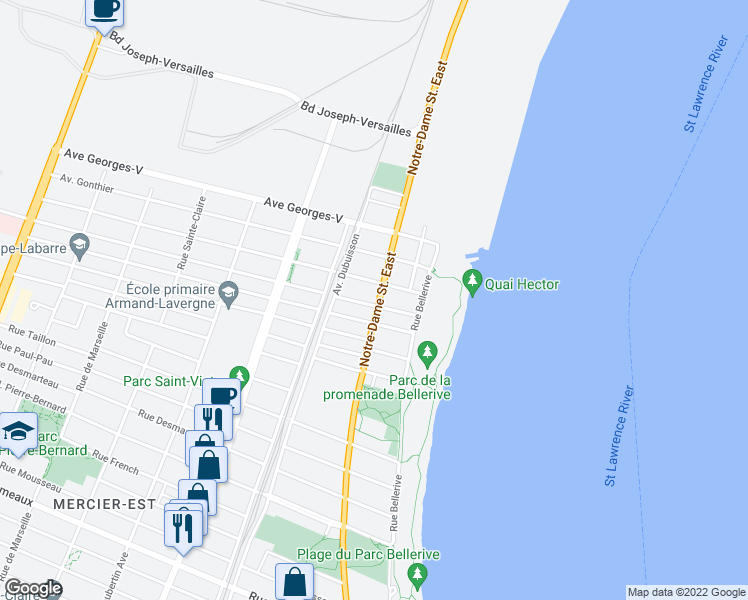 map of restaurants, bars, coffee shops, grocery stores, and more near 9535 Rue Notre-Dame Est in Montréal