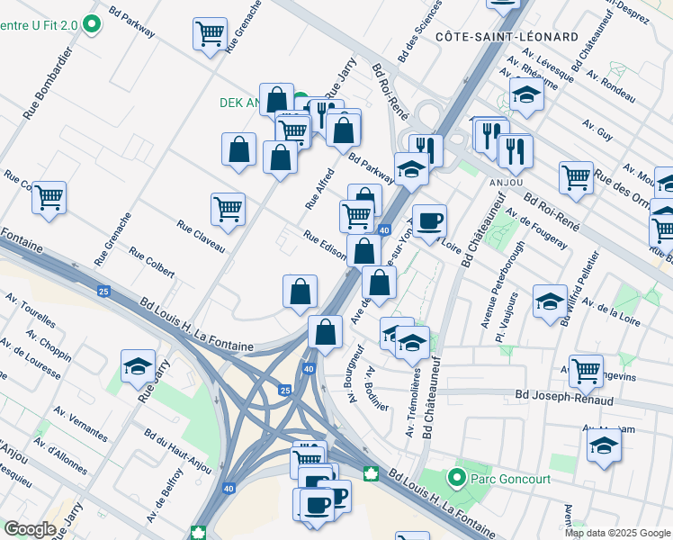 map of restaurants, bars, coffee shops, grocery stores, and more near Metropolitan Autoroute in Montreal
