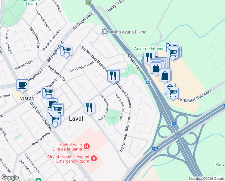 map of restaurants, bars, coffee shops, grocery stores, and more near 435 Rue Jean Rottot in Laval