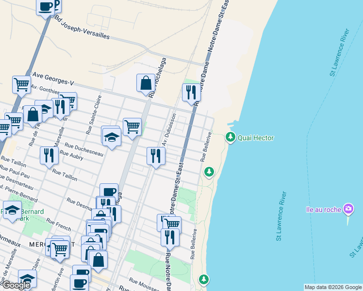 map of restaurants, bars, coffee shops, grocery stores, and more near 9535 Rue Notre-Dame Est in Montréal