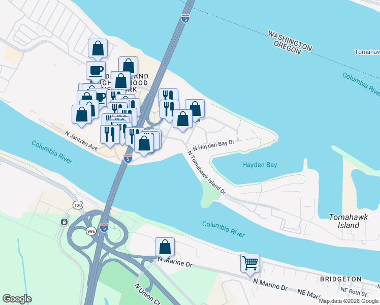 map of restaurants, bars, coffee shops, grocery stores, and more near 846 N Tomahawk Island Dr in Portland
