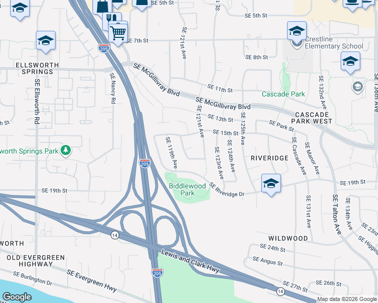 map of restaurants, bars, coffee shops, grocery stores, and more near 12003 Southeast 16th Circle in Vancouver