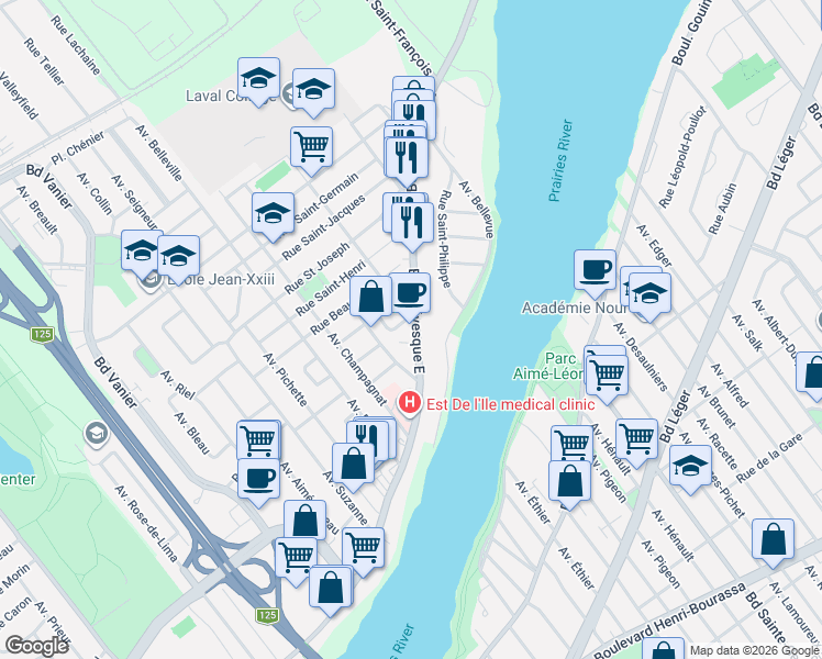 map of restaurants, bars, coffee shops, grocery stores, and more near 4939 Boulevard Lévesque Est in Laval