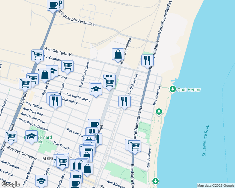 map of restaurants, bars, coffee shops, grocery stores, and more near 2303 Avenue Bilaudeau in Montréal