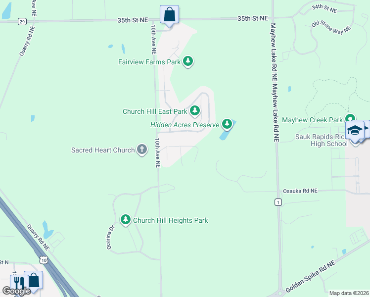 map of restaurants, bars, coffee shops, grocery stores, and more near 1116 29th Street Northeast in Sauk Rapids