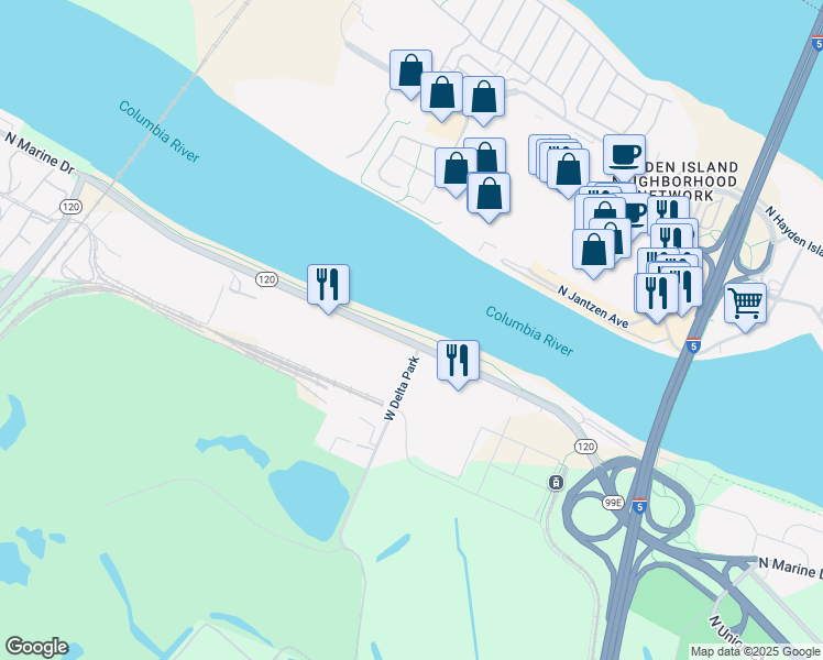 map of restaurants, bars, coffee shops, grocery stores, and more near 2500 North Marine Drive in Portland