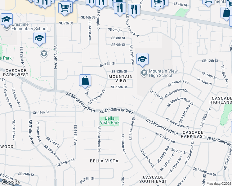 map of restaurants, bars, coffee shops, grocery stores, and more near 1614 Southeast 145th Court in Vancouver