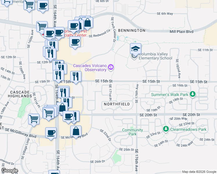 map of restaurants, bars, coffee shops, grocery stores, and more near 17009 Southeast 16th Street in Vancouver