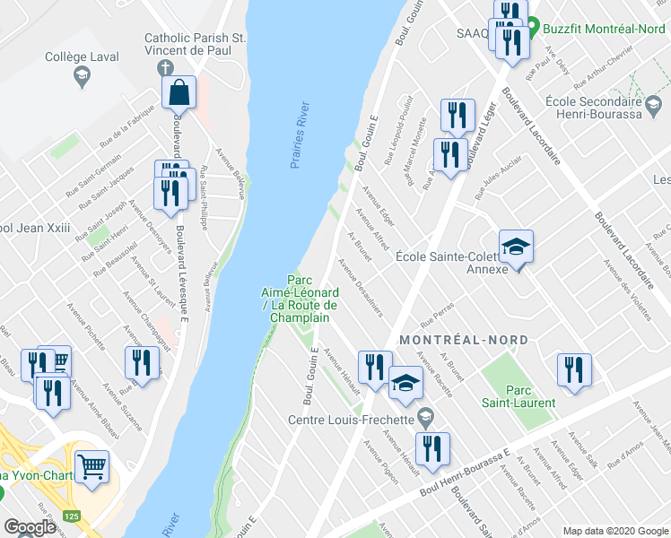 map of restaurants, bars, coffee shops, grocery stores, and more near 5074 Boulevard Gouin Est in Montréal