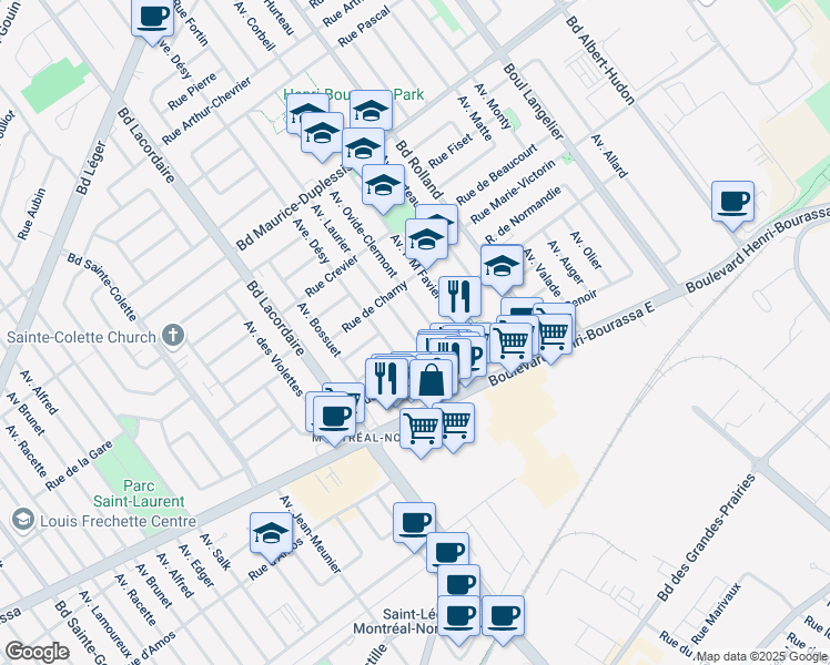 map of restaurants, bars, coffee shops, grocery stores, and more near 11511 Avenue Laurier in Montréal