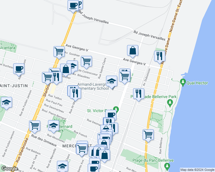 map of restaurants, bars, coffee shops, grocery stores, and more near 2715 Avenue Fletcher in Montréal