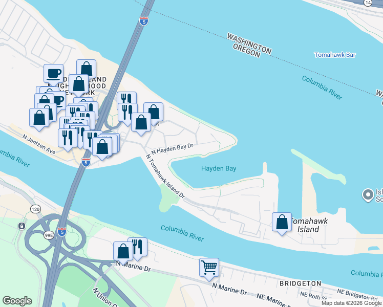 map of restaurants, bars, coffee shops, grocery stores, and more near 404 North Hayden Bay Drive in Portland