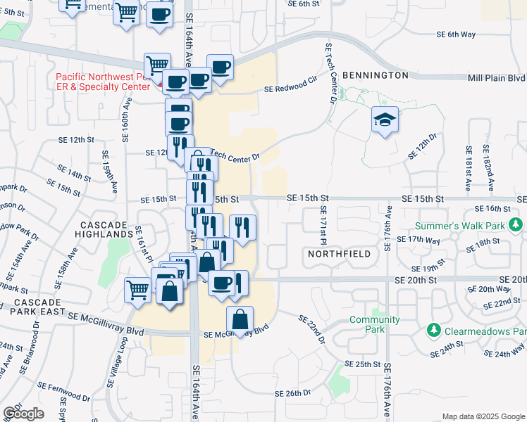 map of restaurants, bars, coffee shops, grocery stores, and more near 1615 Southeast 168th Avenue in Vancouver