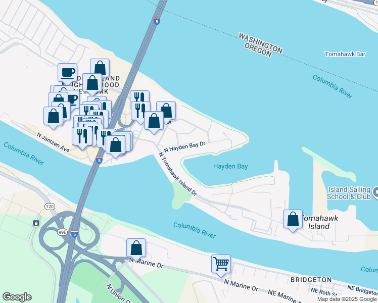 map of restaurants, bars, coffee shops, grocery stores, and more near 550 North Hayden Bay Drive in Portland