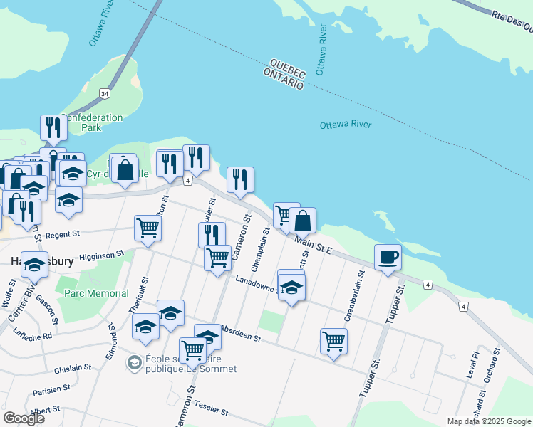 map of restaurants, bars, coffee shops, grocery stores, and more near in Hawkesbury
