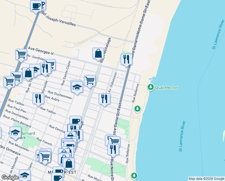 map of restaurants, bars, coffee shops, grocery stores, and more near 571 Rue de Contrecoeur in Montréal