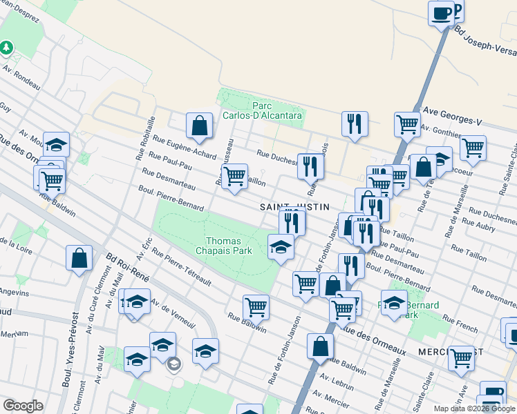 map of restaurants, bars, coffee shops, grocery stores, and more near 5339 Rue Desmarteau in Montréal