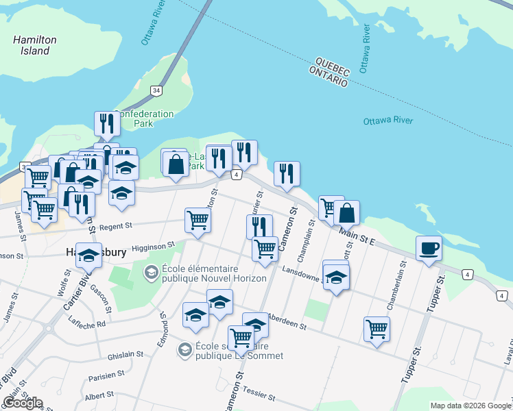 map of restaurants, bars, coffee shops, grocery stores, and more near Sinclair Street in Hawkesbury