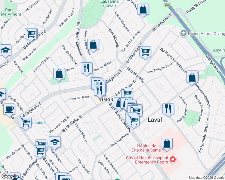 map of restaurants, bars, coffee shops, grocery stores, and more near 218 Rue de Cordoue in Laval