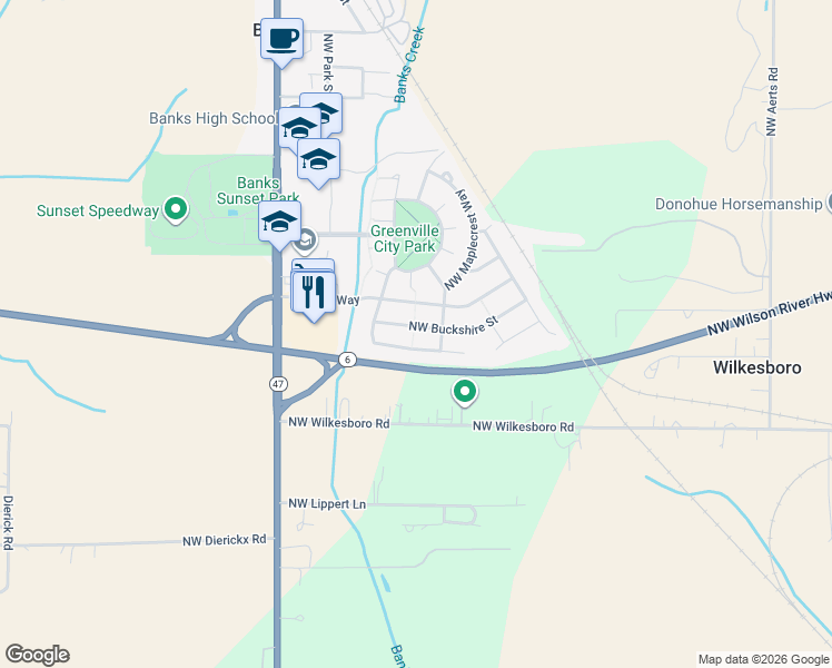 map of restaurants, bars, coffee shops, grocery stores, and more near 41986 Northwest Buckshire Street in Banks