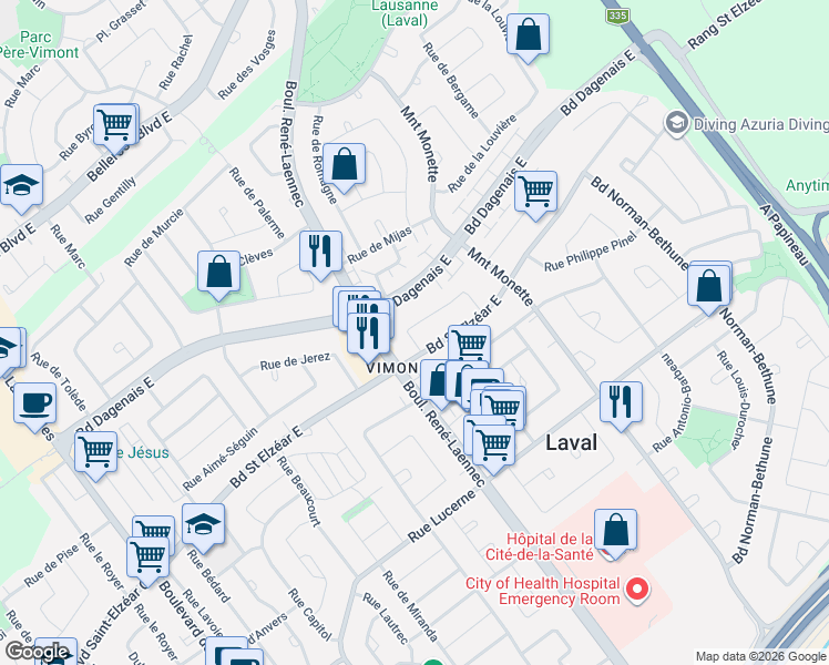 map of restaurants, bars, coffee shops, grocery stores, and more near 218 Rue de Cordoue in Laval