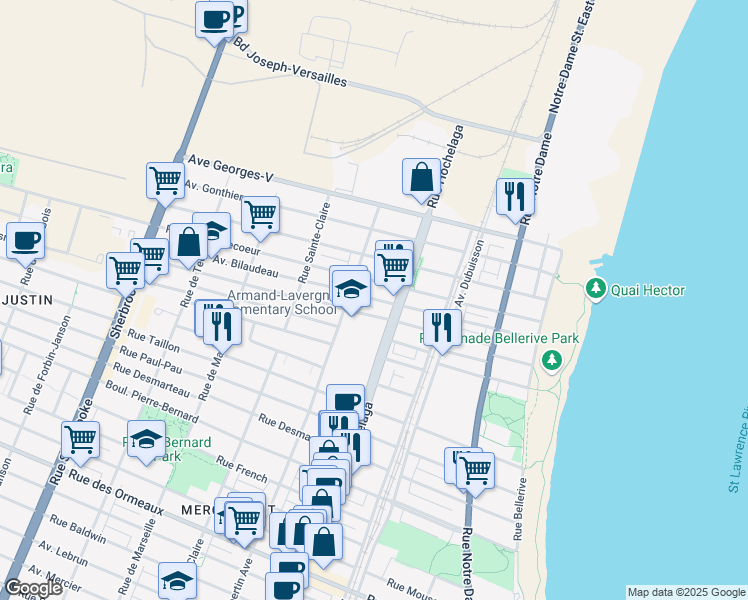 map of restaurants, bars, coffee shops, grocery stores, and more near 2580 Avenue Bilaudeau in Montreal