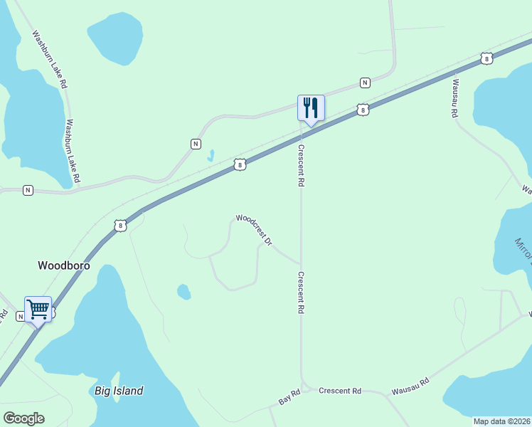 map of restaurants, bars, coffee shops, grocery stores, and more near 7189 Woodcrest Drive in Rhinelander