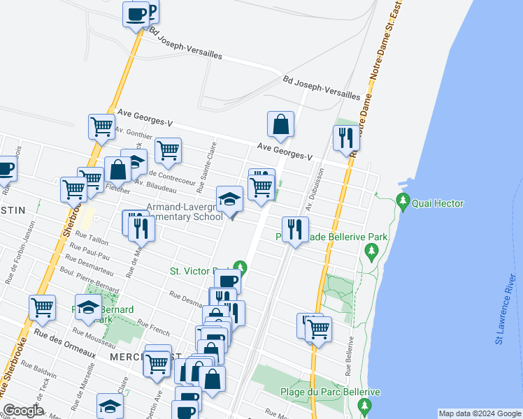 map of restaurants, bars, coffee shops, grocery stores, and more near 9501 Rue Hochelaga in Montréal