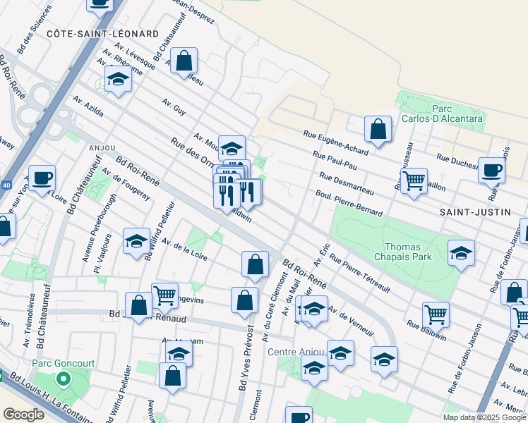 map of restaurants, bars, coffee shops, grocery stores, and more near 6497 Avenue Azilda in Montreal