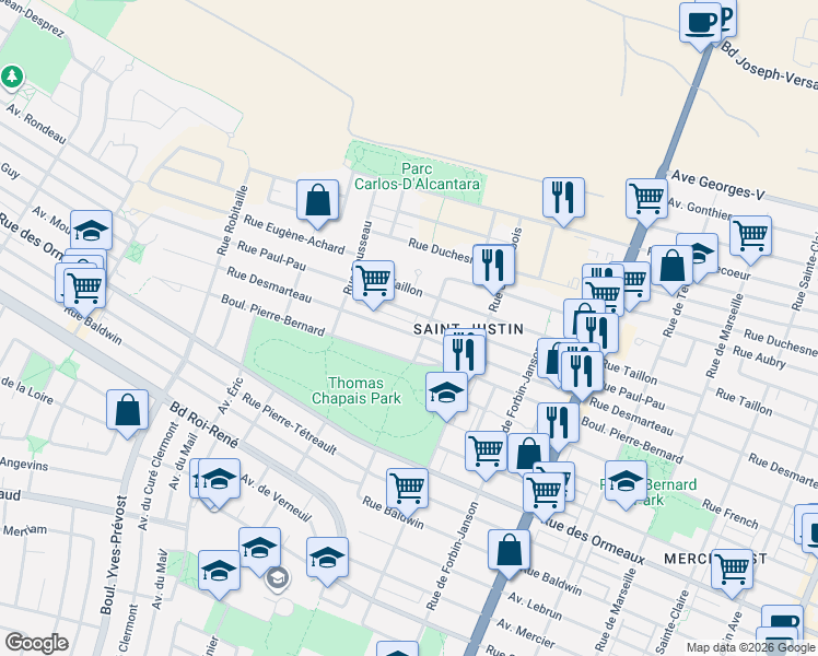 map of restaurants, bars, coffee shops, grocery stores, and more near 5339 Rue Desmarteau in Montréal