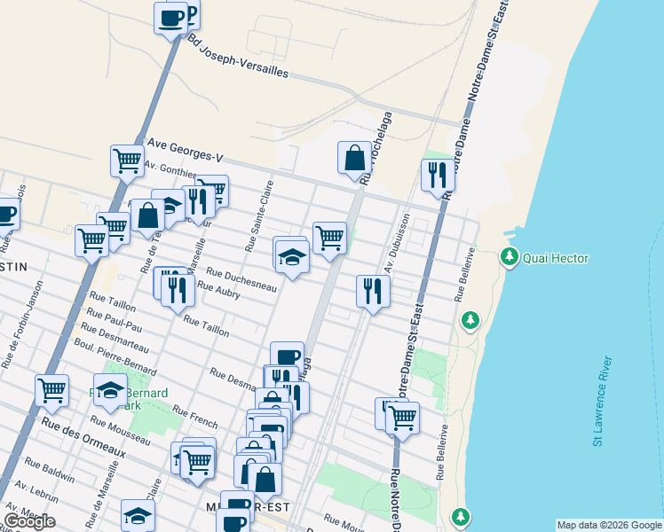 map of restaurants, bars, coffee shops, grocery stores, and more near 9505 Rue Hochelaga in Montréal