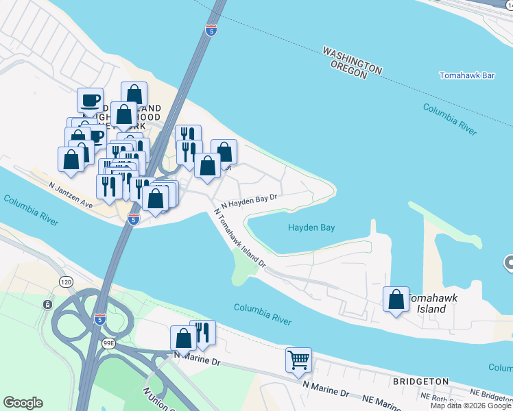 map of restaurants, bars, coffee shops, grocery stores, and more near 520 North Hayden Bay Drive in Portland