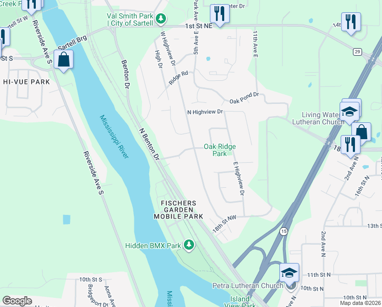 map of restaurants, bars, coffee shops, grocery stores, and more near 1959 West Highview Drive in Sauk Rapids